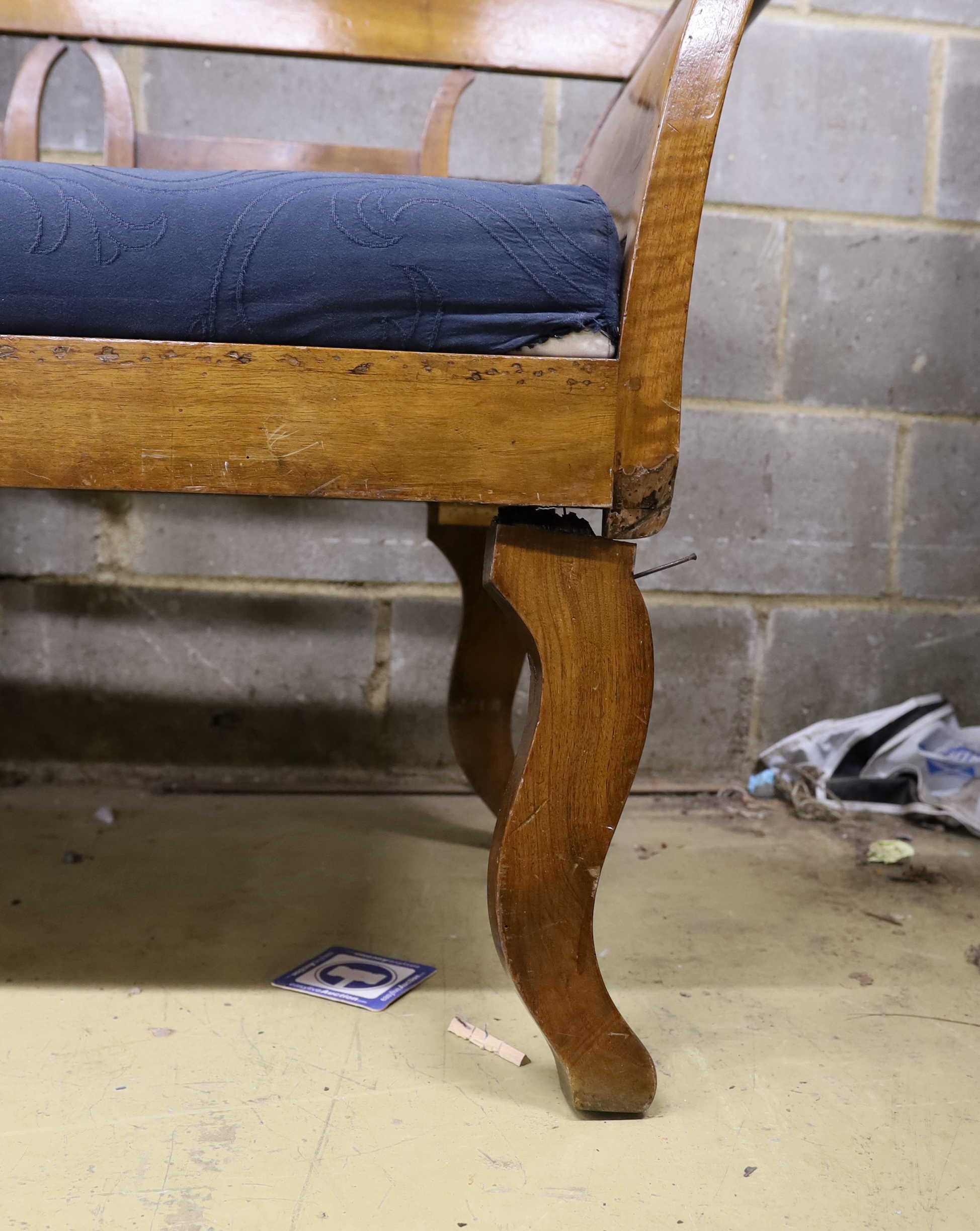 An Italian walnut settee, width 205cm, depth 58cm, height 92cm
